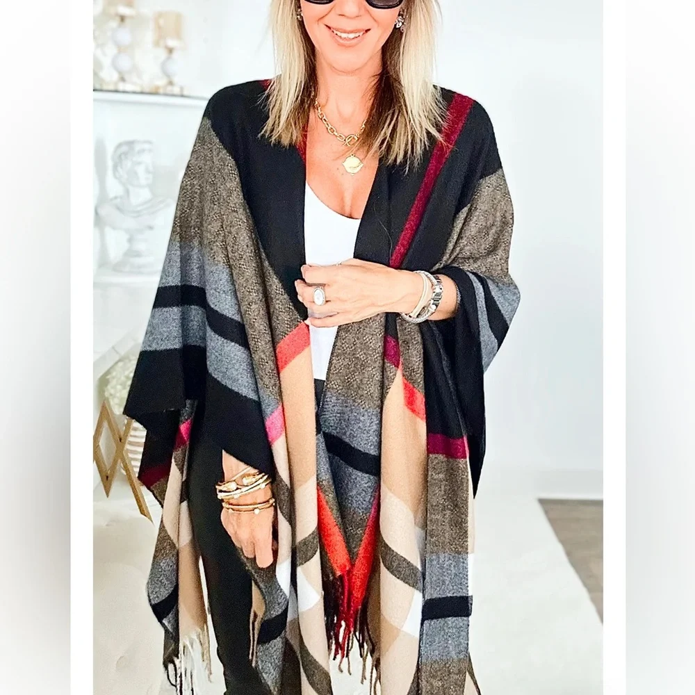 13 Fabulous Oversized Plaid Fringe Shawl Poncho - Picture 2 of 3